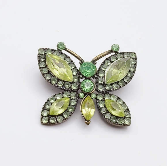 Green Bejeweled Rhinestone Buterfly Brooch Bronze Tone - Picture 10 of 10